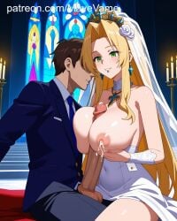 ai_generated blonde_hair breasts_milk bride earrings fate/grand_order green_eyes lips_piercing paizuri penis piercings quetzalcoatl_(fate) smile titjob wedding_dress