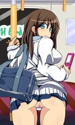 blue_eyes brown_hair censored comord looking_back miniskirt no_panties original phone pleated_skirt pussy skirt solo train train_interior uncensored