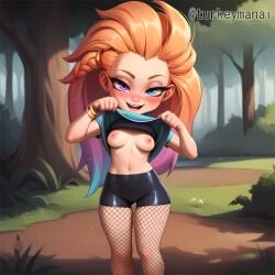 ai_generated bedroom_eyes bike_shorts breasts fishnet_legwear fishnet_pantyhose fishnet_stockings fishnets forest half-closed_eyes heterochromia league_of_legends nipples orange_hair purple_hair shirt_lift shorter_female small_breasts smug tits_out turkeyman_ai two_tone_hair zoe_(league_of_legends)