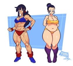 2girls before_and_after big_breasts breasts chichi chubby cleavage dragon_ball dragon_ball_super dragon_ball_super_super_hero dragon_ball_z female huge_breasts muscular_female