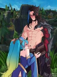 abs big_breasts blowjob_face blush closed_eyes cum_in_mouth fellatio kayn league_of_legends outdoor_sex outdoors rolo's_art sona_buvelle