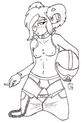 2011 anthro belly_piercing breasts chains collar dakota ear_piercing earring eyebrow_piercing female freckles fur furry koala looking_at_viewer mammal marsupial nipples pants pants_down piercing pose silvermidnight sketch solo underwear