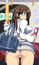 anus blue_eyes bottomless brown_hair comord looking_back no_panties original phone pussy solo train train_interior uncensored vagina