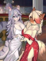 2girls big_breasts breasts cleavage dress etivka female furry tagme thick_thighs wide_hips