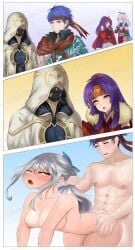 2boys 2girls 3koma all_fours alternate_costume alternate_hairstyle bare_arms bare_shoulders bare_thighs blue_eyes blue_hair blush breasts cape collarbone completely_nude doggy_style drooling expressionless female fingerless_gloves fire_emblem fire_emblem:_path_of_radiance fire_emblem:_radiant_dawn fire_emblem_heroes gesture gloves grey_hair hair_grab hair_pull headband ike_(fire_emblem) ike_(vanguard_legend)_(fire_emblem) japanese_clothes large_breasts long_hair looking_back male mask micaiah_(fire_emblem) micaiah_(ninja)_(fire_emblem) multiple_boys multiple_girls muscular_male nau_aru ninja nintendo nipples nude nude_female nude_male official_alternate_costume official_alternate_hairstyle open_mouth ponytail purple_hair pussy_juice saliva saliva_string sanaki_kirsch_altina sanaki_kirsch_altina_(ninja) scarf sex short_hair shoulders silver_hair straight sweat thighs vaginal_penetration yellow_eyes