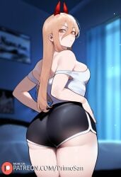ai_generated ass ass_focus black_shorts blonde_hair chainsaw_man demon from_behind hands_on_waist horns large_ass looking_at_viewer looking_back medium_breasts power_(chainsaw_man) primosan pussy_juice red_horns shorts standing thiccwithaq_(ai_style)