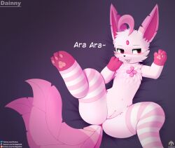 2_tails absurd_res anthro bed blush clothing eeveelution female furniture generation_4_pokemon genitals hi_res leafeon legwear lying multi_tail nintendo paws pokemon pokemon_(species) pussy senz solo stockings tail text tongue tongue_out