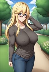 1girls ai_generated blonde_hair blue_eyes covered_nipples denim denim_jeans female glasses grey_shirt jeans large_breasts long_hair original outdoors yoshi_tama_(style)