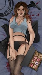 body_pillow_design brown_eyes brown_hair celia_lede dakimakura dakimakura_design donuts drifiltron earrings female_focus female_only gun labia lace lace-trimmed_panties lace_trim lingerie lingerie_panties lipstick looking_at_viewer medium_breasts necklace nightmare_waifu no_visible_genitalia pinup solo_female stockings stockings_only the_price_of_flesh whip
