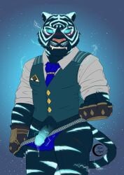 alternate_color anthro balls balls_outline black_body black_clothing black_fur black_gloves black_handwear blue_eyes blue_necktie blue_sclera blue_stripes blush blush_lines bodily_fluids bulge circumcised claws clothed clothing clothing_pull detailed_bulge dress_shirt dripping electricity epic_games eye_scar facial_scar fangs felid finger_claws fortnite fur genital_fluids genital_outline genitals gloves glowing glowing_eyes glowing_genitalia glowing_markings glowing_penis green_clothing half_naked handwear hi_res humanoid_genitalia humanoid_penis jewelry kain.angel leaking_precum lightning male mammal markings muscular muscular_male necktie oscar_(fortnite) pantherine partially_clothed pattern_clothing pattern_topwear pattern_underwear pattern_vest pecs penis pose precum precum_drip scar scraf shirt simple_background smile smiling_at_viewer smirk smirking_at_viewer solo striped_body striped_fur striped_markings striped_tail stripes suggestive_pose tail tail_markings teeth thong tiger topwear underwear underwear_pull vest vest_pocket whisker_spots whiskers