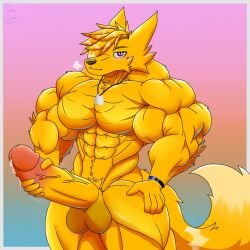 abs balls big_boner big_penis big_tail boner bracelet cum cumming fennec furry glans masturbation muscles muscular_furry naked neckless orange_fur orgasm orgasm_from_masturbation pecs penis pre_cum purple_eyes standing_up taiko-sihori tongue_out