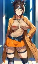 1girls ai_generated belt black_hair breasts brown_eyes coat erect_nipples erect_nipples_under_clothes fishnet_clothing fishnet_leotard fishnets folded_ponytail forehead_protector highres looking_at_viewer mesh_bodysuit mitarashi_anko naruto naruto_(series) necklace nipples nipples_visible_through_clothing one_eye_closed orange_skirt outdoors self_upload smile solo solo_focus soplon toeless_footwear