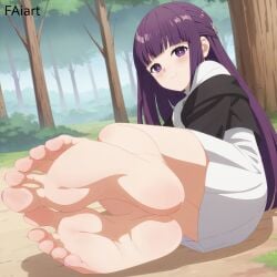 ai_generated barefoot faiart female fern_(sousou_no_frieren) foot_fetish foot_focus purple_eyes purple_hair sousou_no_frieren