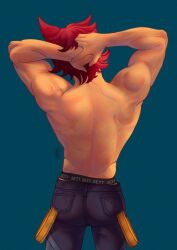 1boy arms_up ass back_view heartsteel_series heartsteel_sett league_of_legends male male_focus male_only muscular muscular_arms muscular_ass muscular_male no_visible_genitalia sett solo solo_focus solo_male underwear visible_underwear