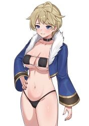 1girls absurdres ahoge alternate_costume bikini black_bikini black_choker black_swimsuit blonde_hair blue_eyes blue_jacket blue_nails breasts choker cleavage commission corniecorny eyepatch_bikini female female female_only fire_emblem fire_emblem_engage fur-trimmed_jacket fur_trim gold_trim hand_on_own_hip highres jacket merrin_(fire_emblem) messy_hair nail_polish navel nintendo non-web_source short_hair sideboob smile solo swimsuit underboob