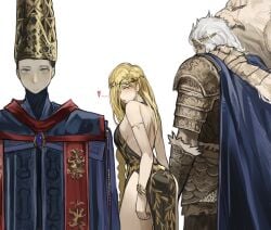 1boy 2girls back back_view beast_regent_serosh big_ass big_breasts blonde_hair distracted_boyfriend elden_ring female female_focus fromsoftware godfrey_first_elden_lord heart looking_back meme miaojiangyou queen_marika_the_eternal rennala_queen_of_the_full_moon sideboob thick_thighs yuri