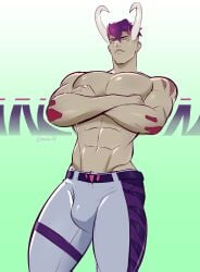 1boy abs arms_crossed arms_crossed_under_pecs bulge gasaiv gijinka great_tusk horn looking_at_viewer looking_down looking_down_at_viewer low-angle_view male male_only muscular muscular_arms muscular_chest muscular_thighs pants pecs pokemon pokemon_sv pov pov_eye_contact purple_hair serious solo solo_male standing standing_over_viewer topless unimpressed