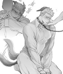 1boy abs animal_ears between_legs blush chains collar crying disembodied_hand dungeon_meshi greyscale hand_between_legs head_on_hand heart highres holding_on kon_likes_corn laios_touden large_pectorals male_focus monochrome motion_lines muscular nipples open_clothes open_shirt pectorals pet_play shaking shirt sitting solo speech_bubble spoken_heart tail tail_wagging tears thighs tongue tongue_out wariza