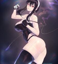 artist_name ass bare_shoulders black_hair black_leotard black_thighhighs breasts calad_g cleavage earrings female fingerless_gloves gabriel_carrasquillo gloves gold_earrings hair_between_eyes hairband highleg highleg_leotard holding_own_hair jewelry large_breasts leotard long_hair looking_at_viewer nail_polish patreon_username pointy_chin red_eyes red_nails sidelocks skindentation smile solo spy_x_family strapless strapless_leotard thick_thighs thighhighs thighs thong_leotard toned white_hairband yor_briar