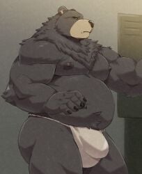 2024 absurd_res anthro asian_clothing ass bear belly ben_bigger biceps big_butt black_body bulge claws clothing detailed_bulge east_asian_clothing finger_claws fundoshi genital_outline hi_res japanese_clothing jumperbear locker locker_room male male_only mammal mihoyo moobs musclegut muscular navel neck_tuft nipples overweight overweight_anthro overweight_male penis_outline simple_background solo thick_thighs tuft underwear zenless_zone_zero