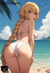 ai_generated ass back bangs bare_shoulders beach bikini blonde_hair blue_sky blush bow braid braided_ponytail breasts closed_mouth cloud day fate/apocrypha fate/grand_order fate_(series) female from_behind hairbow jeanne_d'arc_(fate) large_breasts long_braid long_hair looking_at_viewer looking_back ocean outdoors pikkiwynn purple_eyes single_braid sky smile solo starfish swimsuit thighs very_long_hair white_bikini