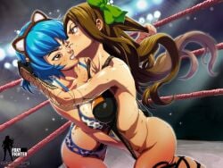 angry angry_face blue_hair brown_hair cat_ears catfight clenched_teeth cutepet female_only fingering grabbing_pussy green_ribbon hair_pulling sexfight sweat sweatdrop wrestling wrestling_ring