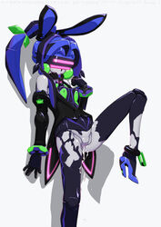 android animal_ears black blue blue_hair breasts bunny_ears clothes creampie cum cum_inside cumdrip doll_joints high_heels highres leg_lift machine mecha_musume musen-shiki_sanhankikan open_clothes open_shirt pantyhose pussy robot robot_girl shirt torn_clothes torn_pantyhose vagina virtual_on