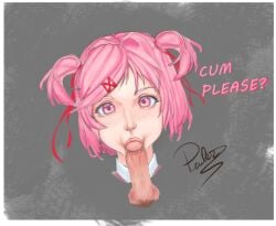 1boy 1girls artist_signature asking_for_it blowjob blowjob_face doki_doki_literature_club english_text fellatio light_blush natsuki_(doki_doki_literature_club) penis pewter-boi pink_eyebrows pink_eyes pink_hair sucking sucking_penis text