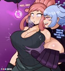 2girls big_breasts blue_hair breasts drevod drool drool_on_face drool_string drooling enemy_conversion english_text erect_nipples huge_breasts hypnosis mei_hatsume mind_control my_hero_academia nejire_hado nipple_bulge nipples nipples_visible_through_clothing open_mouth pendulum pink_eyes pink_hair smile text tongue