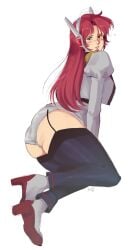 ass blush boots clothed devilkokonatsu headset looking_back oc on_side original original_character panties pink_hair retro_artstyle thigh_strap thighhighs