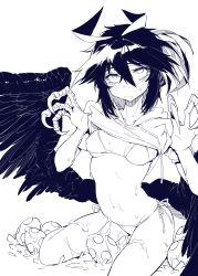 1girls bags_under_eyes bikini black_hair breasts claws crow-chan_(karasu_raven) egg female female hood hoodie karasu_raven looking_at_viewer monochrome monster monster_girl panties sitting small_breasts wariza wings