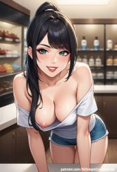 ai_generated aidreamcrush areola black_hair breasts cleavage cute eyes female green_eyes hair light-skinned_female lips makeup nipple_slip nipples no_bra ponytail shirt shirt_slip shorts smiling smirk standing wardrobe_malfunction young