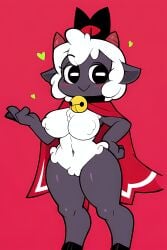 1girls ai_generated anthro bell bell_collar blush cape choker collar cult_of_the_lamb female fur goat_eyes heart hooves horn lamb lamb_(cult_of_the_lamb) novelai red_background red_cape red_horns simple_background white_fur