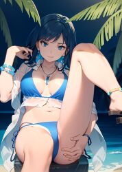 1girls ai_generated ai_hands ankle_bracelet artist_request bare_midriff beach bikini blue_eyes blue_hair bracelets character_request cleavage earrings female female_only legs medium_breasts nature navel necklace palm_leaf side-tie_bikini solo source_request swimsuit tagme two-piece_swimsuit water