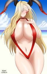 bangs_over_one_eye barely_clothed barely_contained_breasts barely_covered_crotch barely_visible_areola barely_visible_nipples beach belly_button big_boobs big_breasts big_horns bikini blonde_female blonde_hair closed_eyes closed_smile dated edjarit-117 facial_markings facial_tattoo fate/grand_order fate_(series) flesh_fang hand_on_breast hand_on_head horns huge_breasts large_breasts long_hair micro_monokini micromonokini monokini nero_claudius_(fate) nip_slip nip_tease nipple_slip nipple_tease one-piece_swimsuit outdoor outdoors peace_sign pointy_ears posing posing_for_picture posing_for_the_viewer queen_draco_(fate) shaved_crotch shaved_pussy simple_background simple_shading smile tagme tattoo two_tone_horn two_tone_horns yamicrane