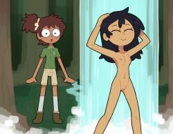 1futa 1girl amphibia amphibia_(series) anne_boonchuy areolae black black_hair black_skin breasts brown_hair clothed clothing dark-skinned_futanari dark_skin disney disney_channel female forest forest_background fully_clothed futanari human marcy_wu miscon nipples nude nude_female pussy rain second-party_source shocked shower showering skin small_breasts standing tan tan-skinned_female
