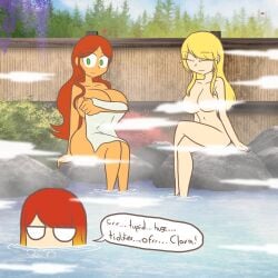 3girls barefoot belle_hawke blonde_hair breasts brown_hair clara_garcia completely_nude completely_nude_female female hair_down hot_spring long_hair nairod103098 navel nude nude_female onsen partially_submerged serena_davis steam steam_censor tagme towel very_long_hair