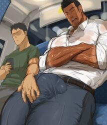 balls_under_clothes bara beefy big_bulge bulge clothing daddy erection_under_clothes gay huge_bulge male male/male male_only manly mature_male muscular_male penis_outline penis_under_clothes public_transportation tight_clothing waribashi