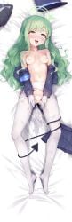 :d :p absurdres after_sex bag bare_shoulders blue_archive blue_skirt blush breasts censored clothes_pull commission cropped_jacket cum cum_on_body cum_on_breasts cum_on_hair cum_on_stomach dakimakura_(medium) demon_girl demon_tail female full_body gloves green_hair green_halo hair_between_eyes halo happy hat highres hikari_(blue_archive) jacket jacket_pull knees_apart_feet_together legs long_hair lying midriff miniskirt navel nipples no_bra no_panties on_back open_clothes open_jacket pantyhose pita_goral pixiv_commission presenting pussy pussy_juice rolling_eyes shoulder_bag skirt small_breasts smile solo spread_legs spread_pussy stomach tail tail_around_own_leg thighs tongue tongue_out torn_clothes torn_pantyhose unworn_skirt very_long_hair white_gloves yellow_eyes young