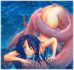 artist_request bent_over blue_eyes blue_hair long_hair lowres masturbation monster_girl original scylla self_tentacle_fucking tentacle tentacle_girl top-down_bottom-up