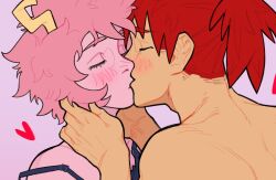 1boy 1girls ashido_mina blush bra_strap closed_eyes eijirou_kirishima female hand_on_neck heart horns kirishima_eijirou kissing making_out male male/female mina_ashido miss_booba my_hero_academia no_sex not_porn pink_body pink_hair pink_skin red_hair romantic straight wholesome