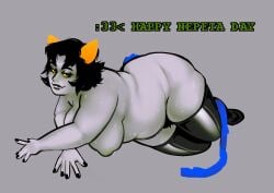 1girls alien bbw black_hair black_hair_female black_nails cat_tail chubby chubby_female color colored_skin fangs female female_only grey_skin homestuck homestuck_troll horn horns lipstick looking_at_viewer mostly_nude nepeta_leijon nude_female painted_nails presenting socks_only soldierexclipse troll