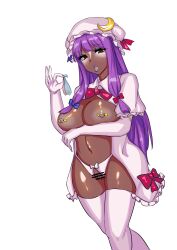 barenaitoomotte bimbo bimbo_body bimbofied blue_lips dark-skinned_female female ganguro gyaru huge_ass huge_breasts midriff navel nipple_piercing nipples patchouli_knowledge thick_thighs thighhighs touhou