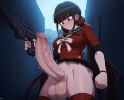 1futa ai_generated balls big_balls danganronpa danganronpa_v3 detailed_background futa_only futanari harukawa_maki huge_cock penis shocked_expression solo_futa veiny_penis