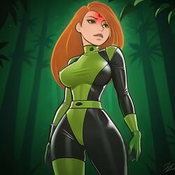 ai_generated alternate_costume bodysuit cosplay devianbar disney enemy_conversion female_only femsub green_eyes kim_possible kimberly_ann_possible latex microchip orange_hair outdoors plant red_hair solo stable_diffusion_(ai) tech_control