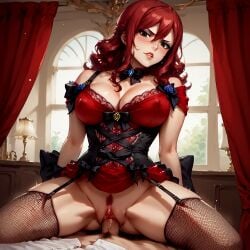 ai_generated burlesque cleavage dress erza_scarlet fairy_tail fishnets garter_straps large_breasts lipstick looking_at_viewer payop pony_diffusion_xl pov smile stockings vaginal_penetration vaginal_sex victorian