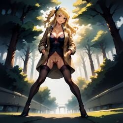 ai_generated coat exhibitionism fairy_tail full_body high_heels lingerie lucy_heartfilia outside payop pony_diffusion_xl posing solo stockings