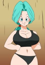 bikini bitch blue_eyes blue_hair breasts bulma_(future) bulma_briefs dragon_ball dragon_ball_z earrings female future_bulma hair_ornament large_breasts nude panties smile solo