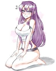 1girls bare_shoulders blush breasts breasts_squeezed_together cleavage doki_doki_literature_club female female_only kneeling large_breasts long_hair looking_at_viewer panties pinup purple_eyes purple_hair raydeluxxxe scars scars_on_arm solo underwear yuri_(doki_doki_literature_club)
