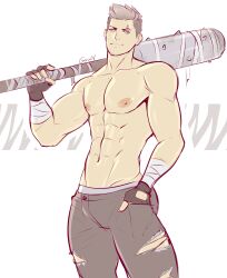 1boy abs club_(weapon) eyebrow_piercing fingerless_gloves gasaiv gijinka gloves grey_hair holding_weapon jeans looking_at_viewer male male_only muscular muscular_arms nipples pants pecs pinsir pokemon pokemon_rgby ripped_jeans slight_smile smile smiling_at_viewer solo solo_male standing topless weapon weapon_over_shoulder wrapped_arms